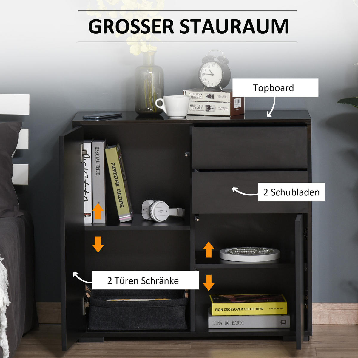 SIDEBOARD DE-08650 Schwarz - Schwarz, Holzwerkstoff (79/74/36cm) - ComfortXL