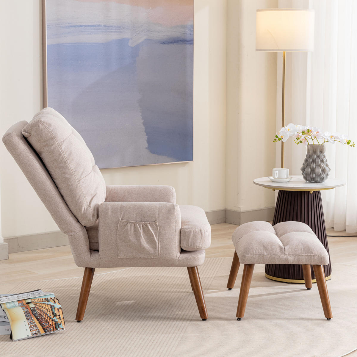 LOUNGSESSEL Verstellbar 5-stufig Neigbar Fußstütze Ablage - Beige, Holz (115.5/31/66.5cm) - FLIEKS