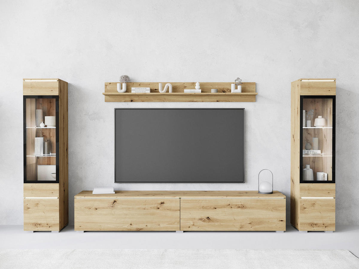 WOHNWAND Vera II mit weißer LED Beleuchtung - Eiche Artisan, Holzwerkstoff (30/130/33cm) - MIRJAN24