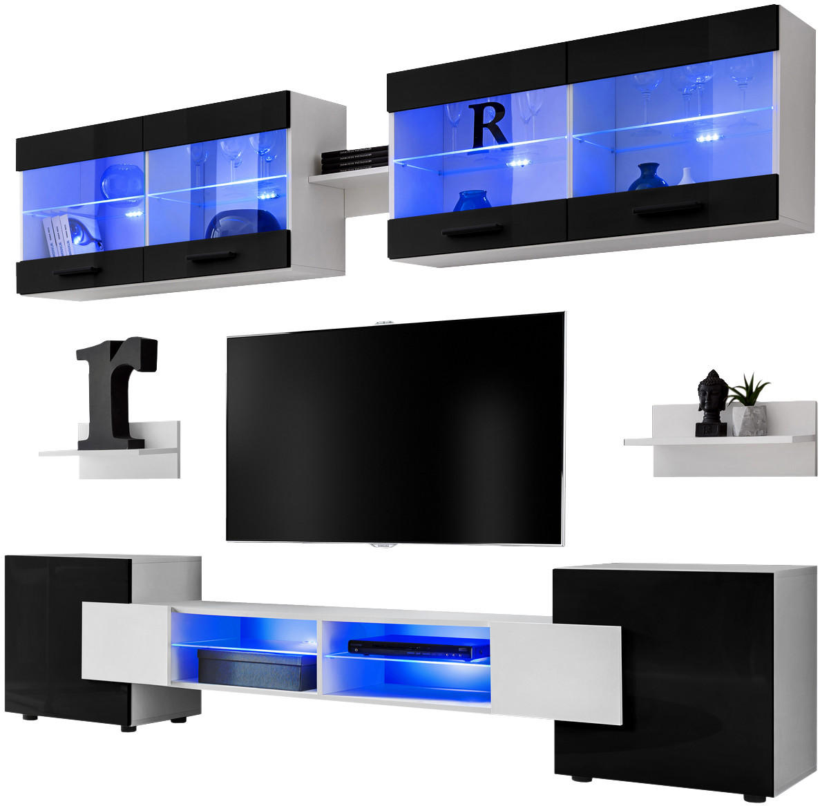 WOHNZIMMERSET Foggia, 6er-Set, Weiß, Front Hochglanz Schwarz, LED Blau - Schwarz/Weiß, Glas/Holzwerkstoff (230/190/45cm) - Komodee