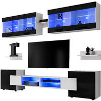 WOHNZIMMERSET Foggia, 6er-Set, Weiß, Front Hochglanz Schwarz, LED Blau - Schwarz/Weiß, Glas/Holzwerkstoff (230/190/45cm) - Komodee