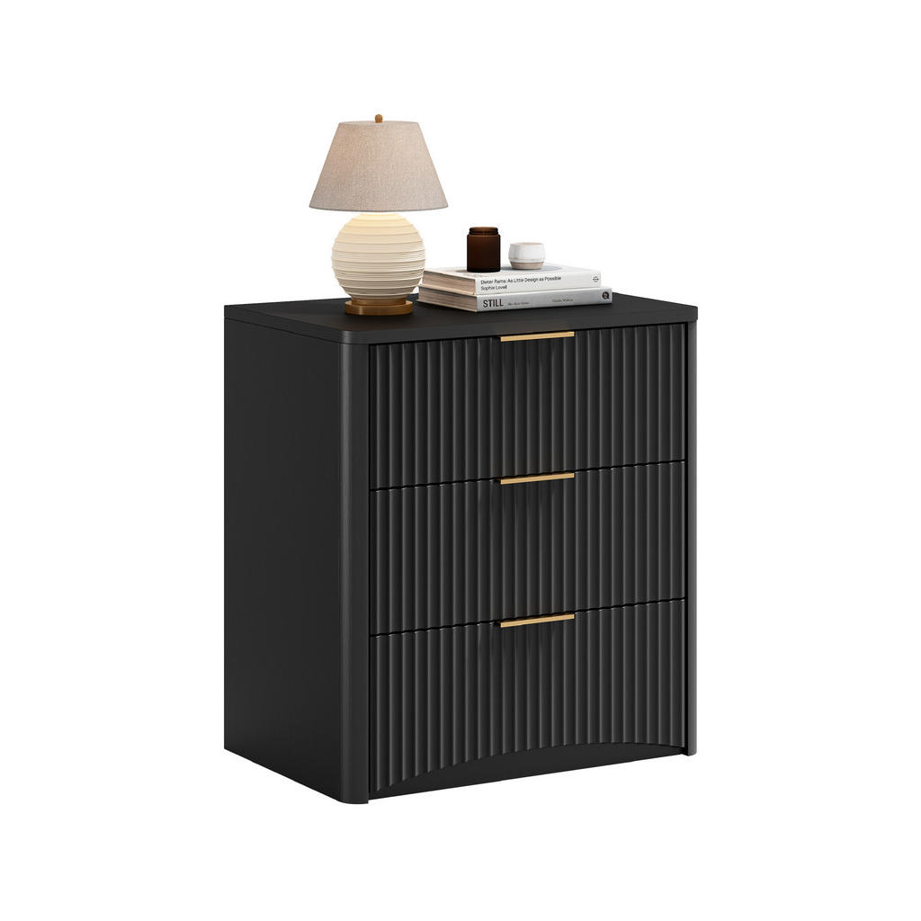 Modfu NOČNÍ stolek z MDF 58x38x64 cm černý se 3 zásuvkami, tlumeným dojezdem a rýhovaným designem