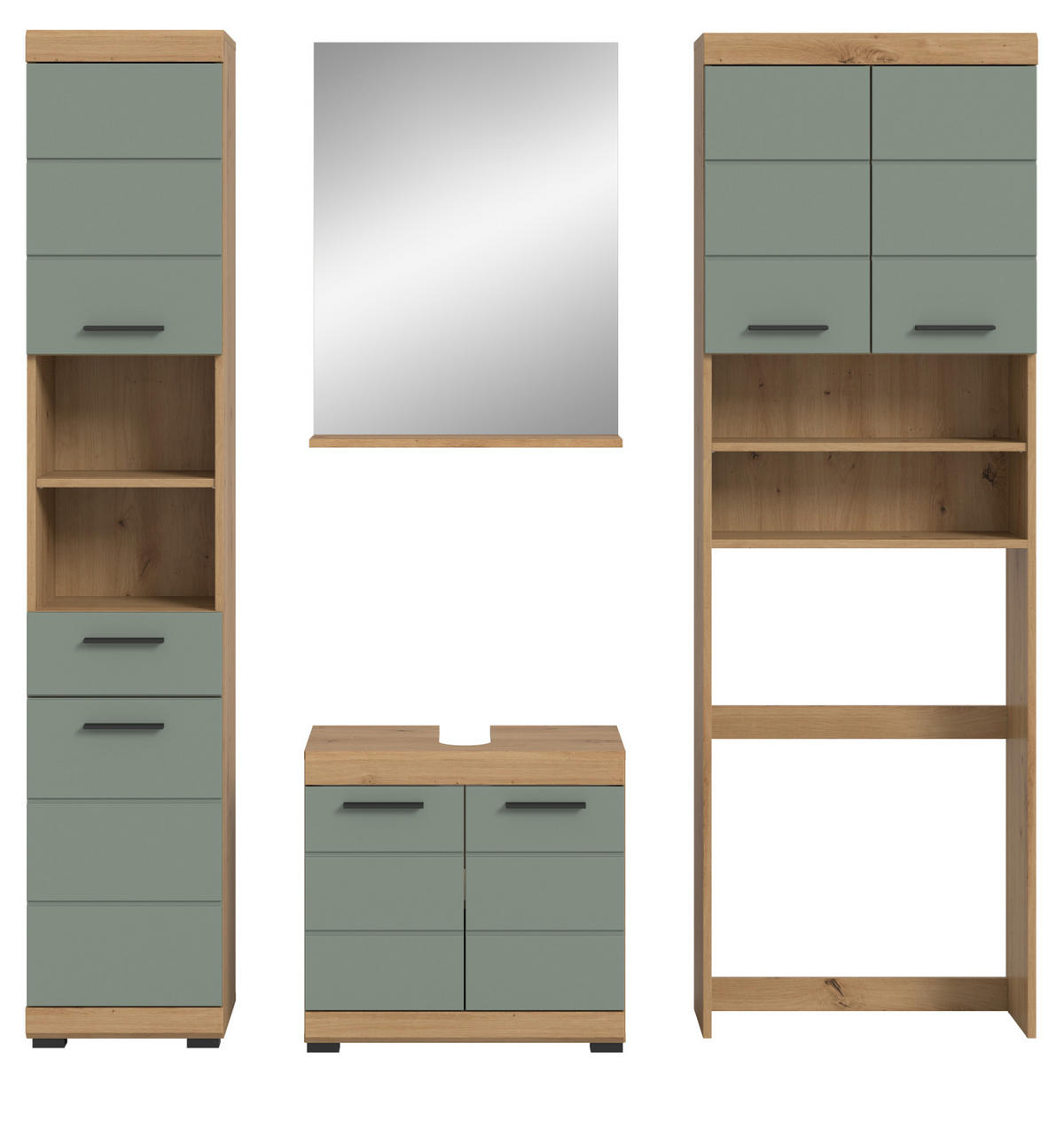 BADMÖBEL-SET Salbei grün, Eiche Artisan 4-teilig 190 cm, Komplettset mit viel Stauraum - Salbeigrün/Schwarz, Glas/Holzwerkstoff (190/191/34cm) - Inn.Furn