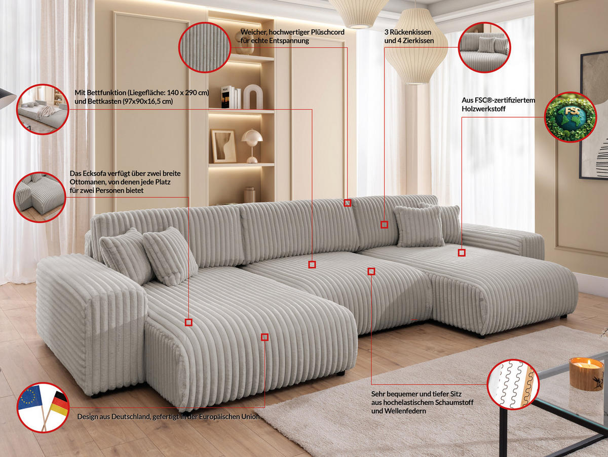 WOHNLANDSCHAFT Mollis Hellgrau Plüschcord mit Schlaffunktion - Hellgrau/Schwarz, Holz/Kunststoff (350/77/168cm) - S-Style Möbel