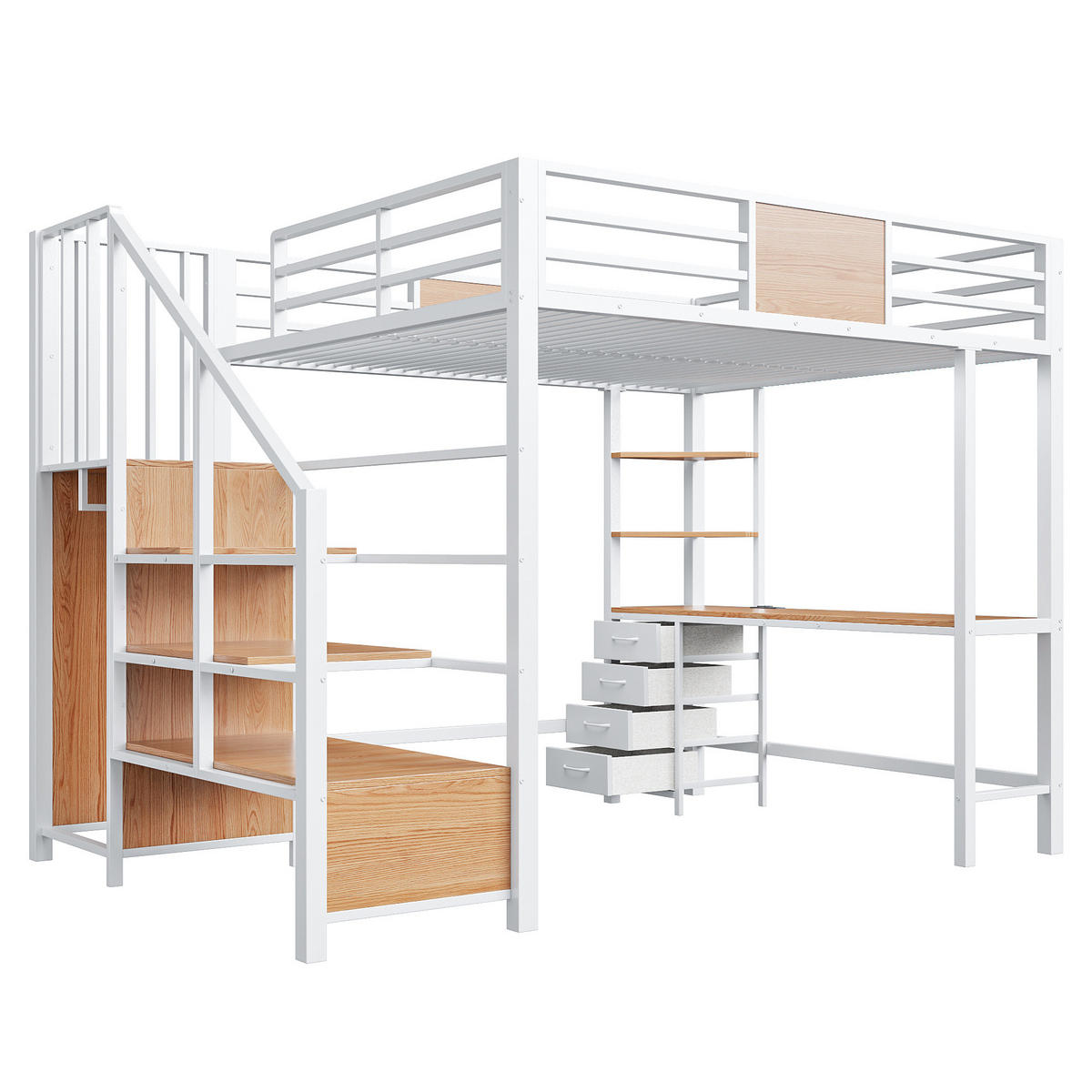 HOCHBETT 140/200 cm aus Metall und MDF mit Schreibtisch, Stauraum und LED-Beleuchtung Weiß - Weiß, Metall (140/200cm) - Modenvie