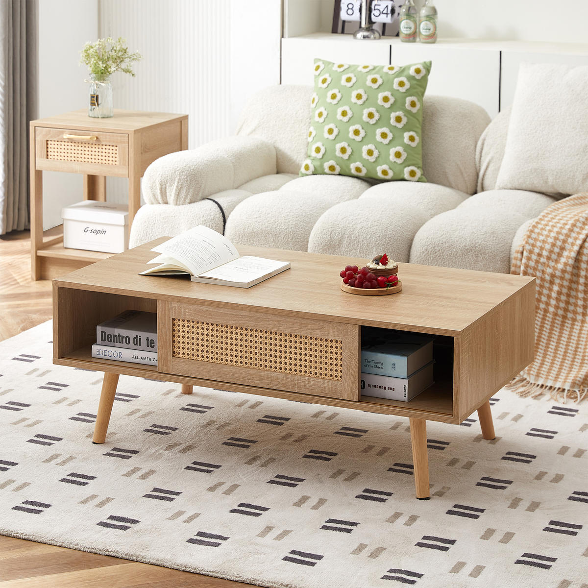 COUCHTISCH 105/55/40 cm natur aus MDF mit Rattan-Schiebetür - Braun, Holzwerkstoff (105/55/40cm) - OKWISH