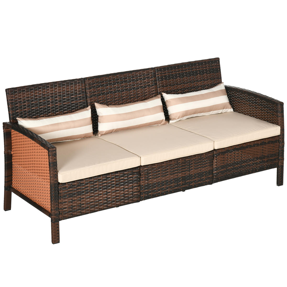 RATTAN SOFA MIT KISSEN DE-06664 3-Sitzer, wetterfest Braun - Braun, Kunststoff/Metall (68/78/173cm) - ComfortXL