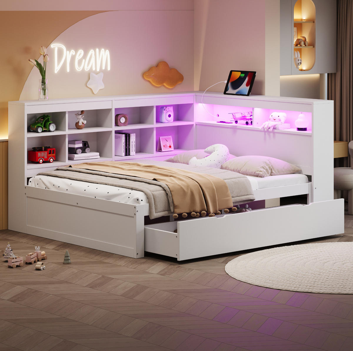 BETT 140/200 cm mit USB und LED, Weiß - Weiß, Holz (140/200cm) - OKMYHOME