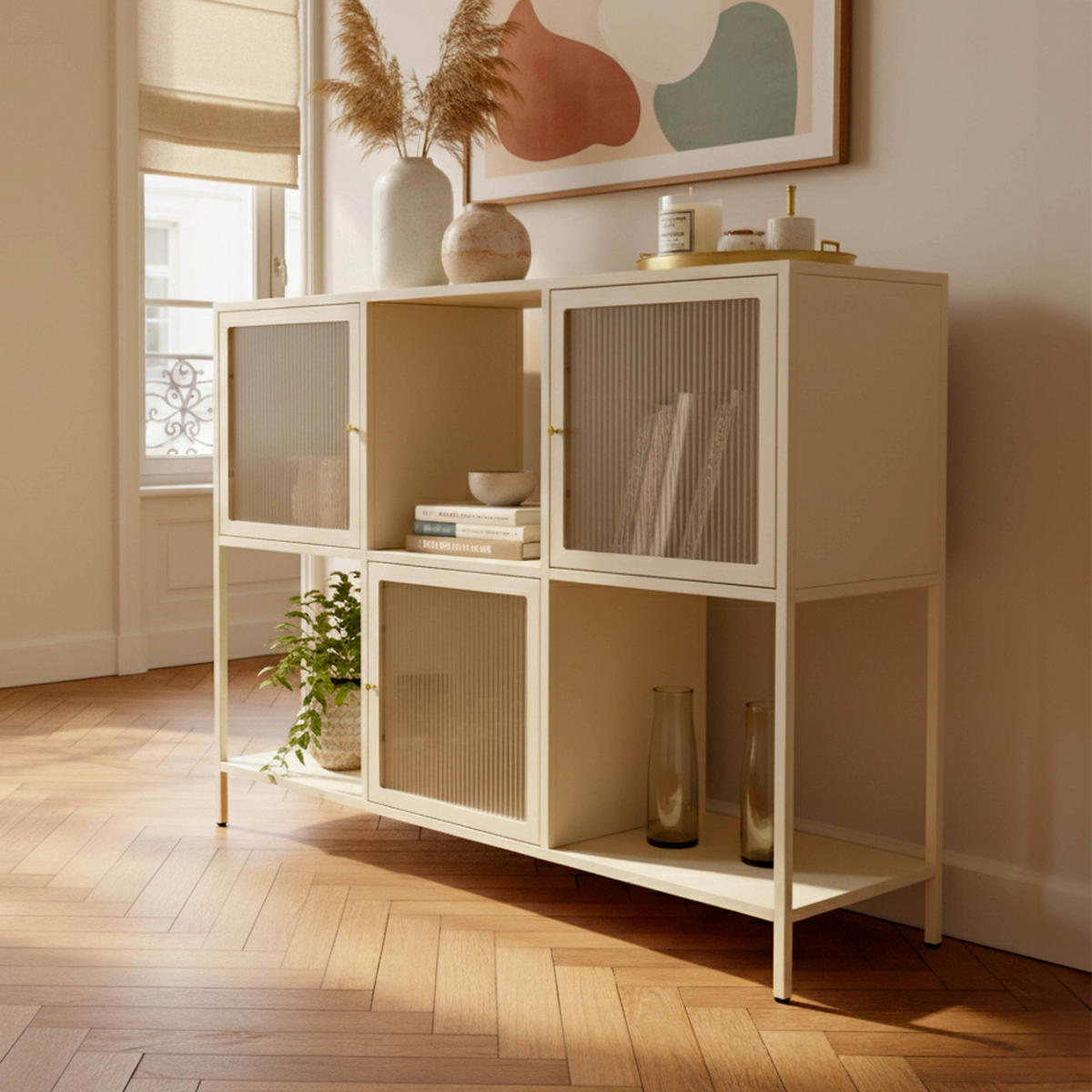 SIDEBOARD, Ekru - Weiß, Stein (35/90/120cm) - Oviala