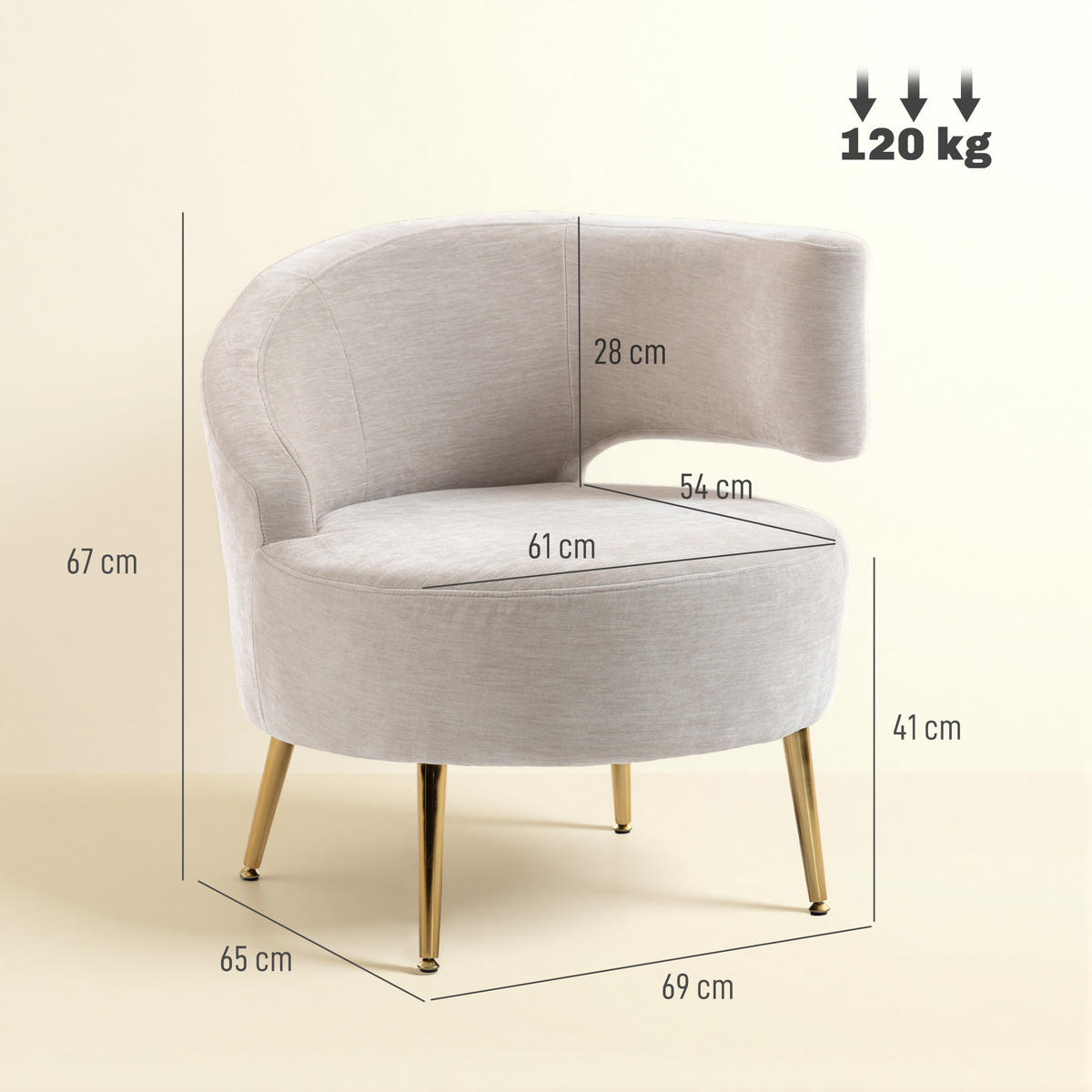FÅTÖLJ i polyester, krämvit - Cremefärgad/Guldfärgad, Textil/Metall (65/67/69cm) - HOMCOM
