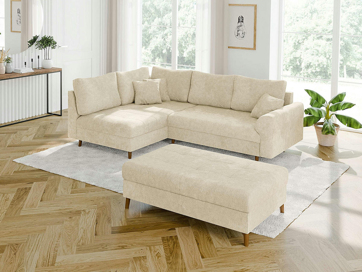 ECKSOFA inkl. Hocker Sigurd Beige Chenille - Ottomane Links - Beige/Braun, Holz/Textil (231/161cm) - S-Style Möbel