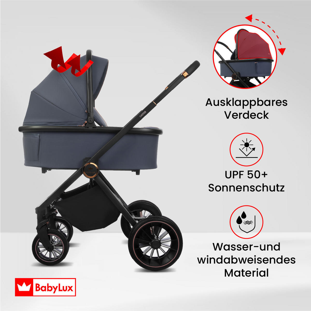 KINDERWAGEN Castor 4in1 Grau Babywanne, Reisebuggy, Autositz, Isofix Basis - Schwarz/Grau, Textil/Metall (58/98cm) - BabyLux