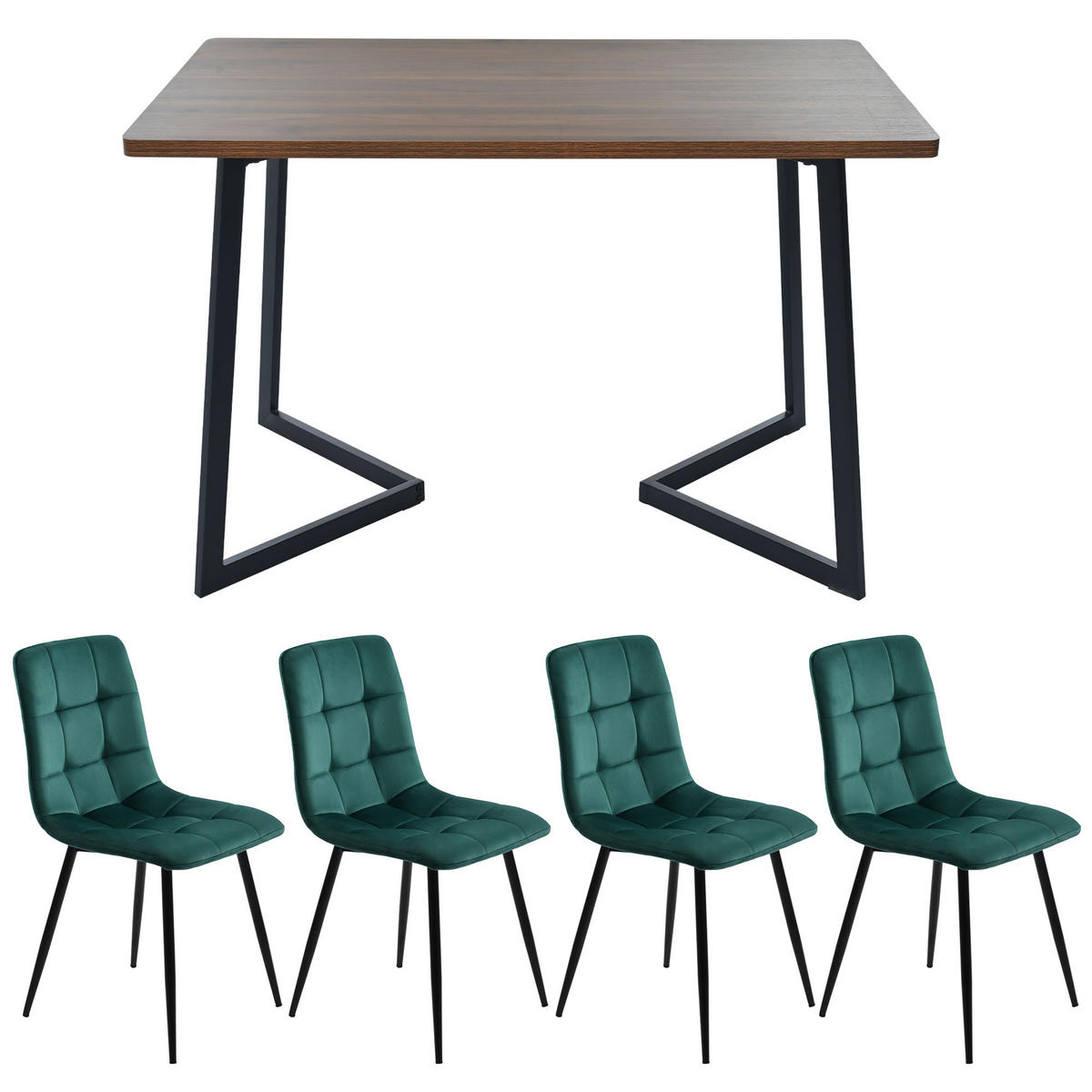 ESSGRUPPE Esstisch 4 Stühle MDF Walnuss Grün 5-tlg - Grün, Holzwerkstoff (117/75/68cm) - FLIEKS