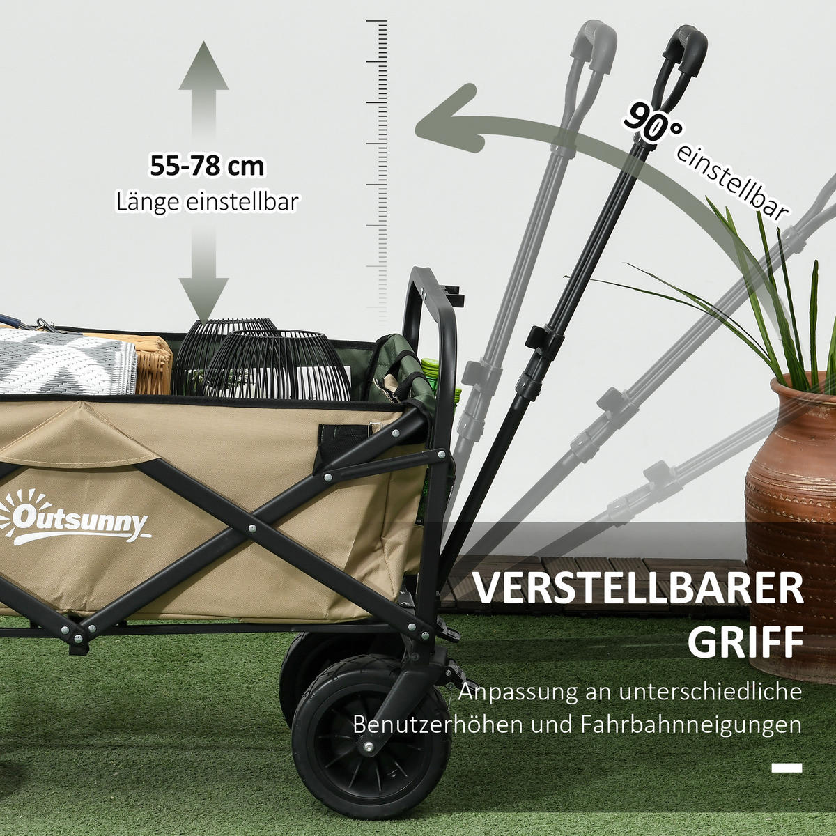 GARTENWAGEN DE-10347 faltbar 110 L, Teleskopgriff Khaki - Taupe, Metall (57/100/94cm) - ComfortXL