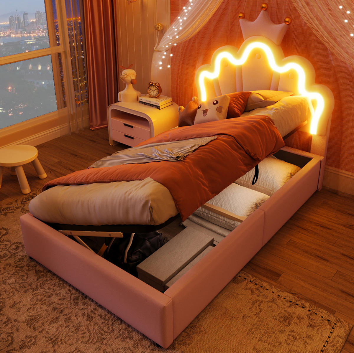 POLSTERBETT 90/200 cm Rosa aus PU mit LED-Lichtband und Stauraum - Pink, Kunststoff (90/200cm) - OKMYHOME