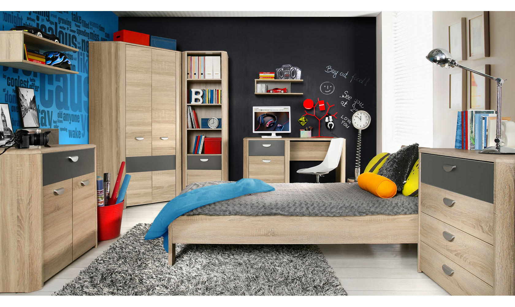 JUGENDZIMMER Yoop Eiche Sonoma mit Grau Anthrazit 7 teilig - Braun, Holzwerkstoff (120/200/80cm)