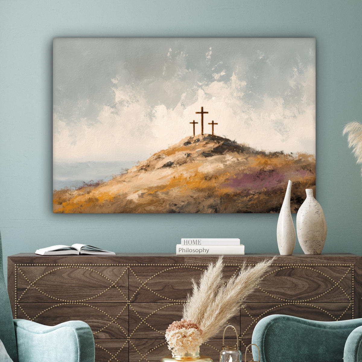 LEINWANDBILD Hügel - Abstrakt - Christentum - Kreuz Groß 140x90 cm - Hellgrau, Textil (140/90cm) - MuchoWow