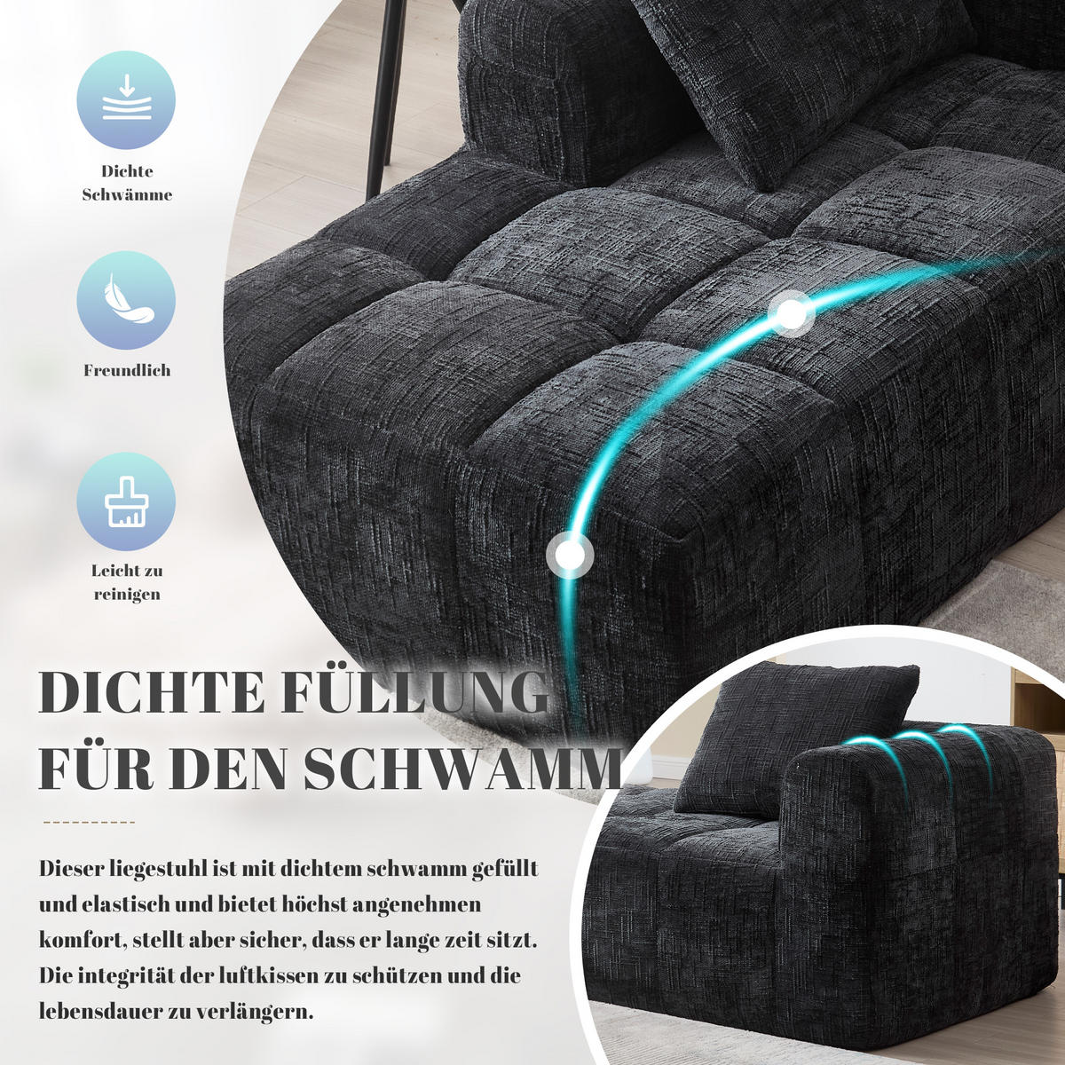 CHAISELONGUE Sofa Chenille mit Seitentaschen und Kissen 158/90/60 cm Schwarz - Schwarz, Textil (60/158/90cm) - Redom