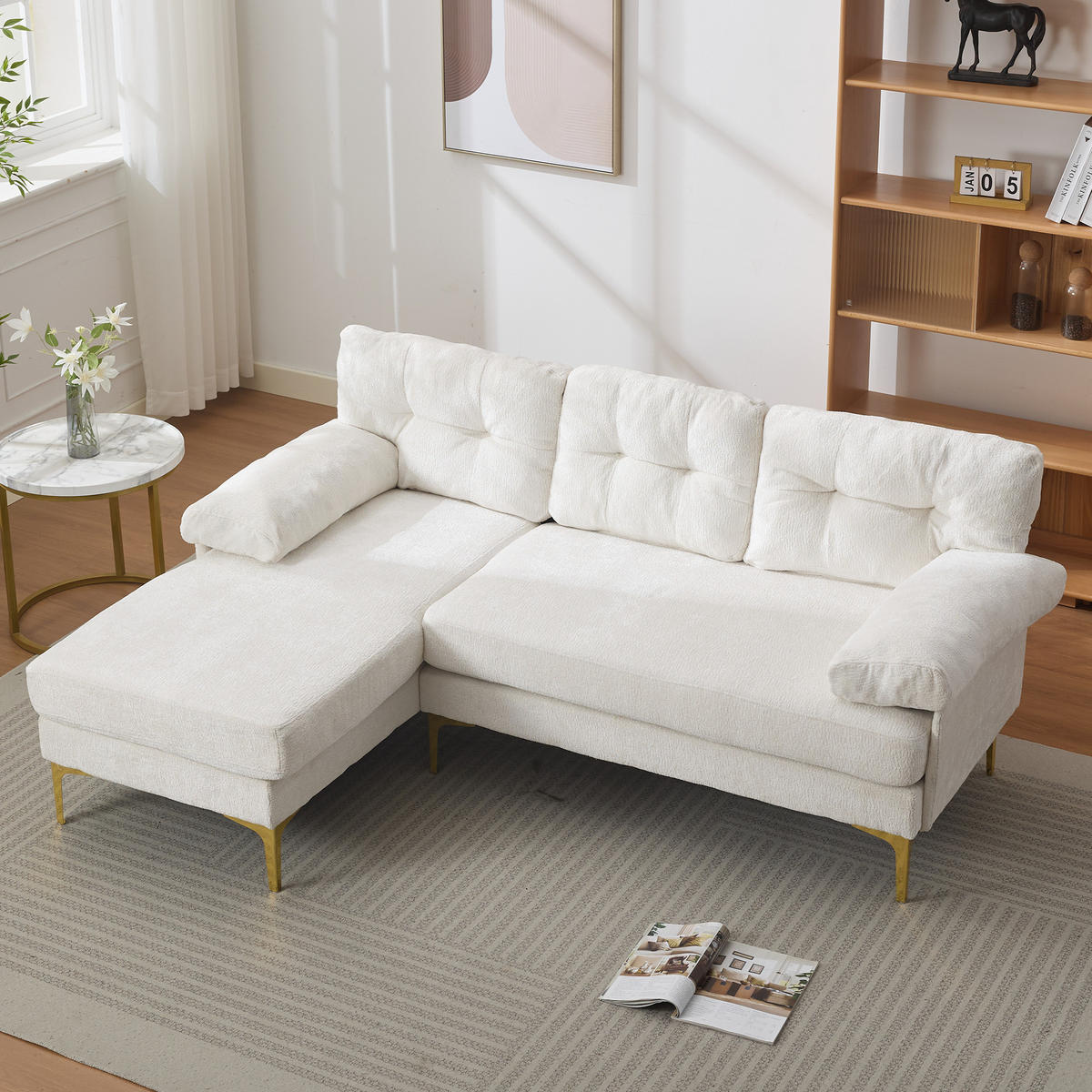 ECKSOFA 187.5/130/79 cm Beige mit 3 Sitzkissen und Stuhlbeine aus Metall - Beige, Textil (130/79/187.5cm) - Oxeza