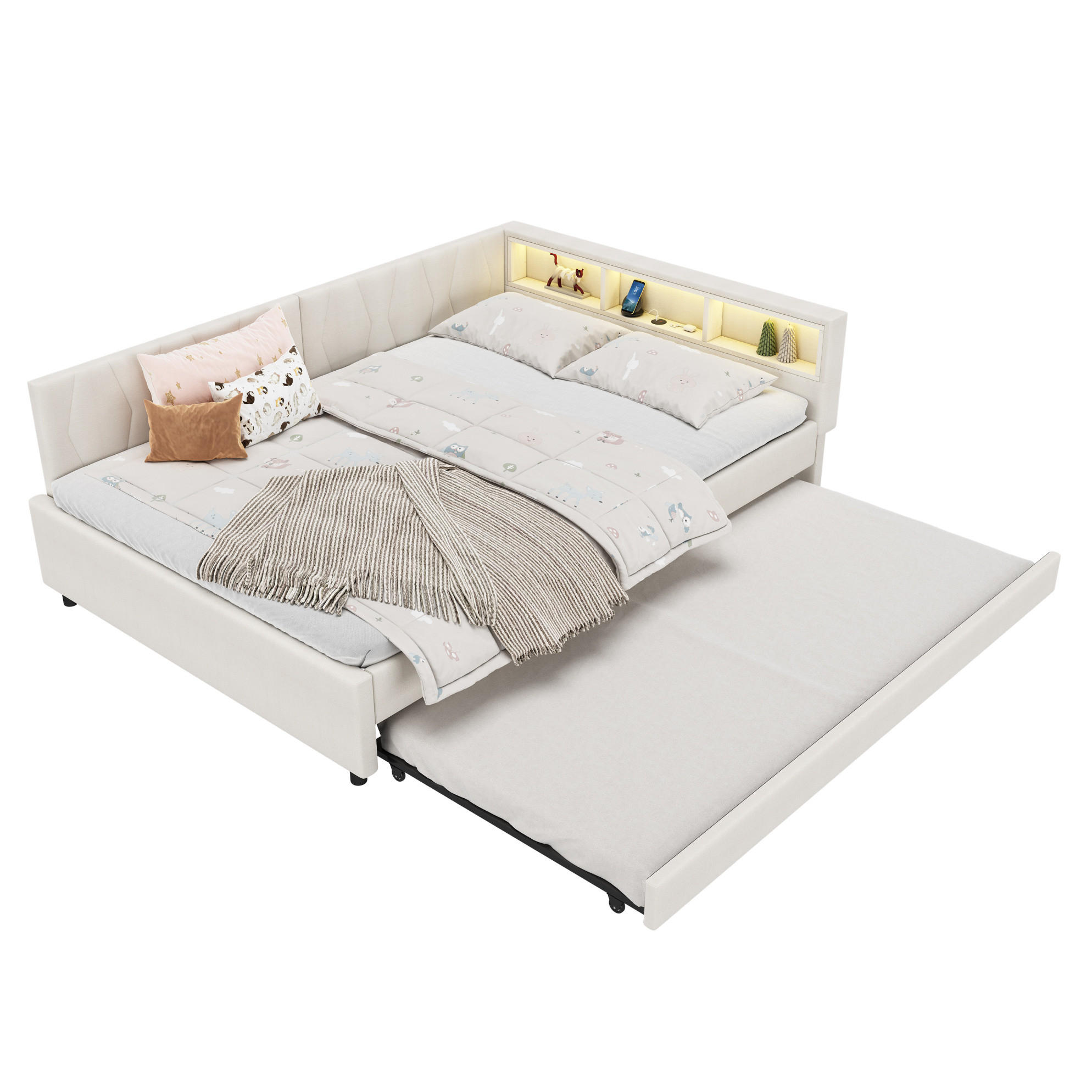 DENNÍ postel 140/200 cm béžová z lnu a MDF s USB-C nabíjením, LED světlem a úložným čelem - béžová, textil (140/200cm) - OKWISH