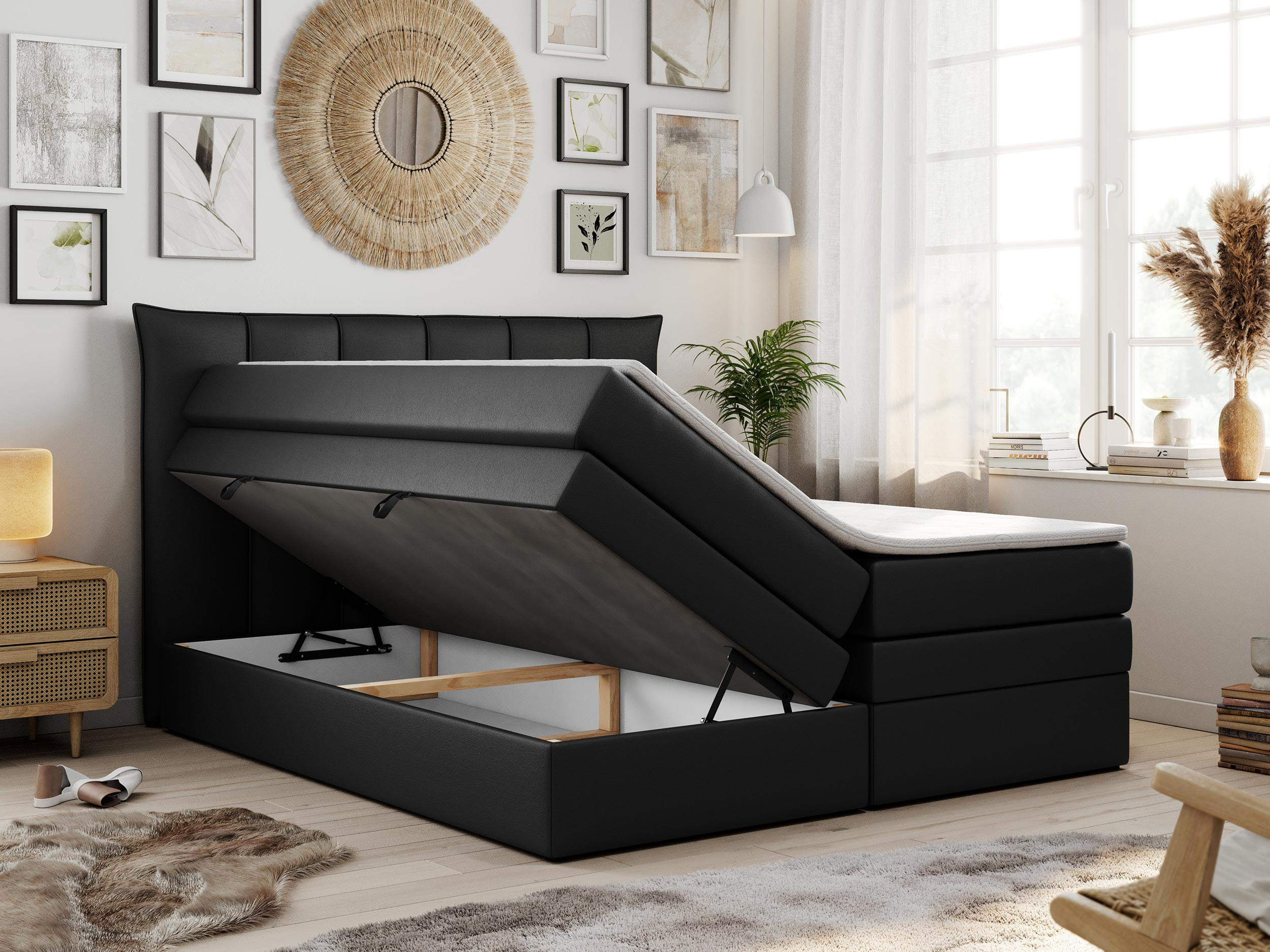 Thumbnail - MKS Boxspringbett, Schwarz, Textil, 2-Sitzer, H4, Rechteckig, 160x200 cm, Schlafzimmer, Betten, Boxspringbetten