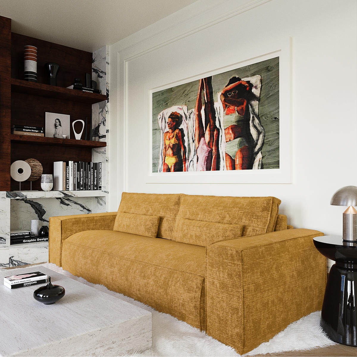 SCHLAFSOFA Express JUNE Geprägter Samt Senf 216cm - Gelb/Dunkelgelb, Textil (216/80/100cm) - Premium Interiors