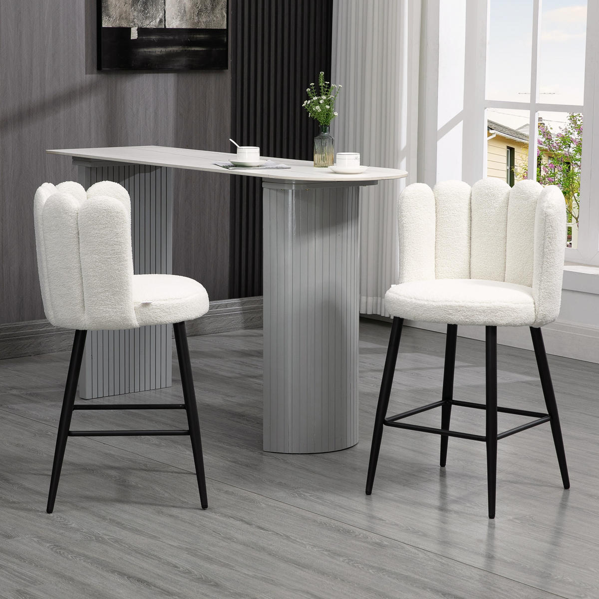 BARHOCKER 2er-Set DE-14722 mit Boucle-Bezug & Fußstütze Creme/Schwarz - Weiß, Metall (50/93/52cm) - ComfortXL