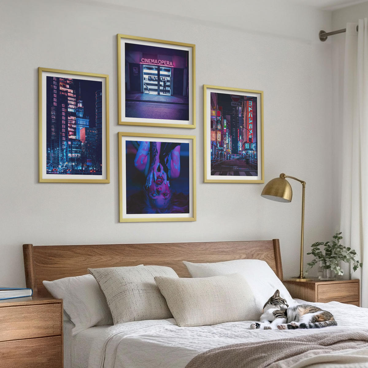 WANDBILDER 4er Set - 50x50 cm & 40x60 cm Goldrahmen - Nachtstadt mit Neonlichtern - Goldfarben, Kunststoff (50/50cm) - ArtPrintCave