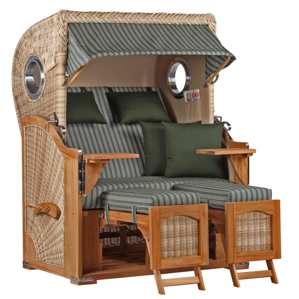 STRANDKORB Düne 2-Sitzer Teak Shell Bullauge - Braun/Grün, Holz/Metall (125/170/80cm) - Mr. Deko