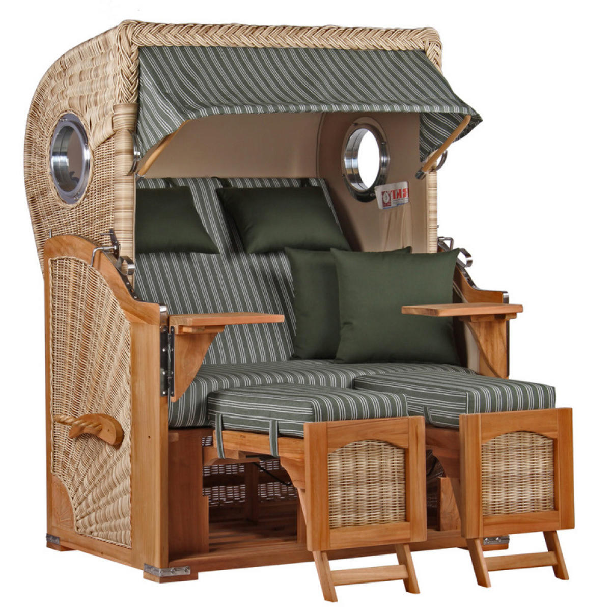 STRANDKORB Düne 2-Sitzer Teak Shell Bullauge - Braun/Grün, Holz/Metall (125/170/80cm) - Mr. Deko