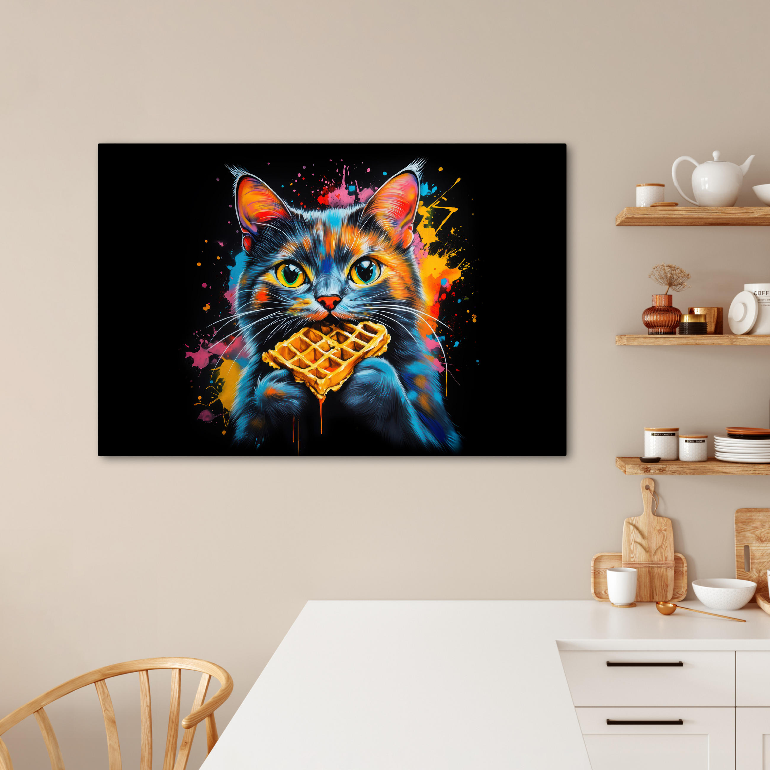 LEINWANDBILD Katze - Graffiti - Bunt - Waffel - Essen Wohnzimmer 120x80 cm - Türkis, Textil (120/80cm) - MuchoWow