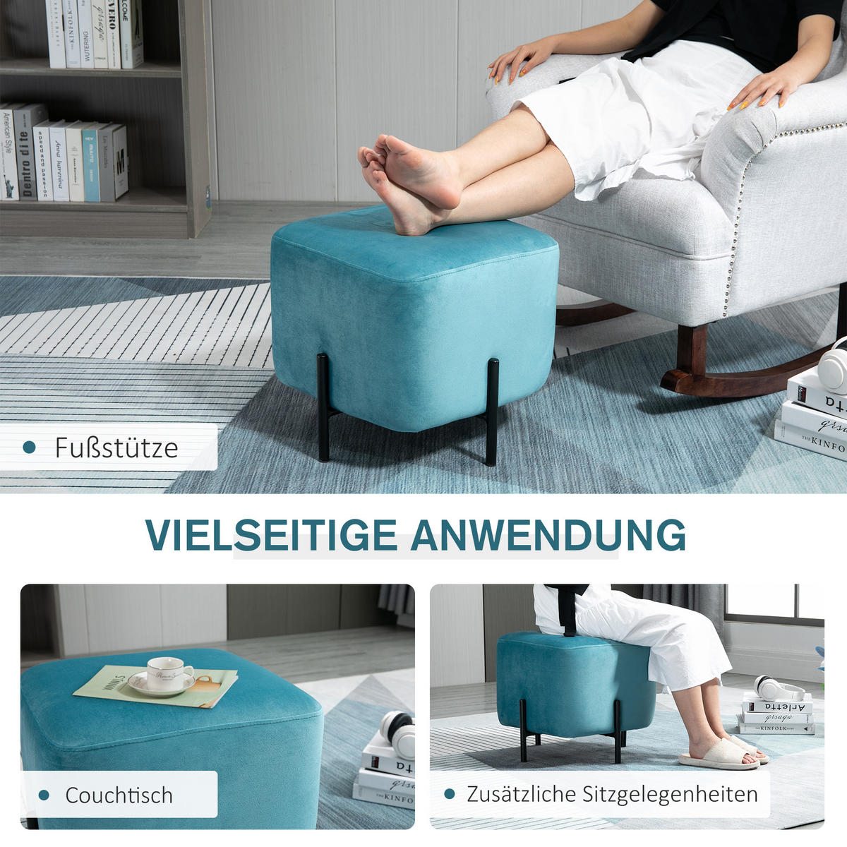 FUSSHOCKER Fußstütze für Wohnzimmer gepolstert Polyester Stahl Türkis - Türkis, Kunststoff (44.5/41.5/44.5cm) - HOMCOM