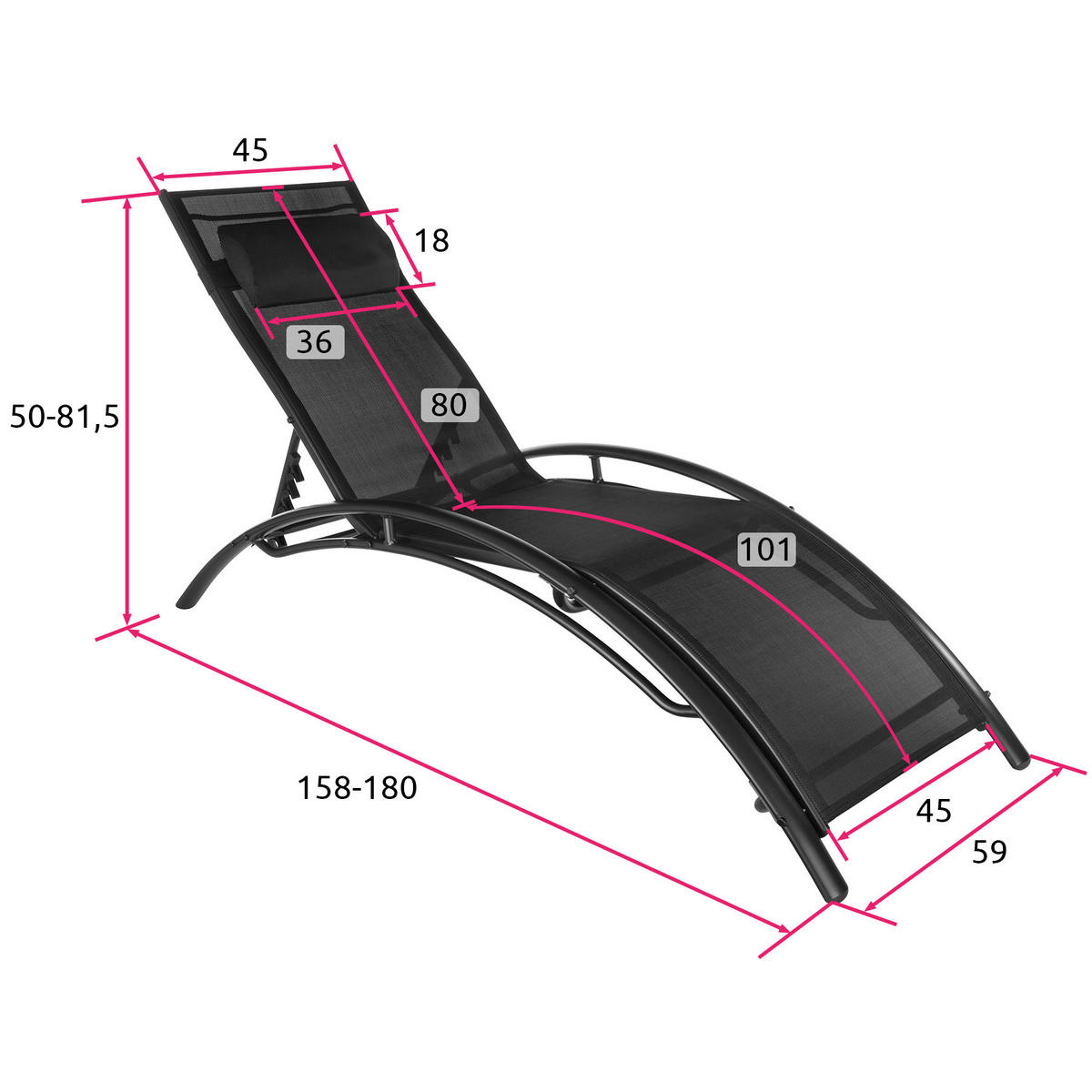 GARTENLIEGE 2er Set Alina,180 x 59 x 50 cm,schwarz - Schwarz, Kunststoff (59/81.5/180cm) - tectake