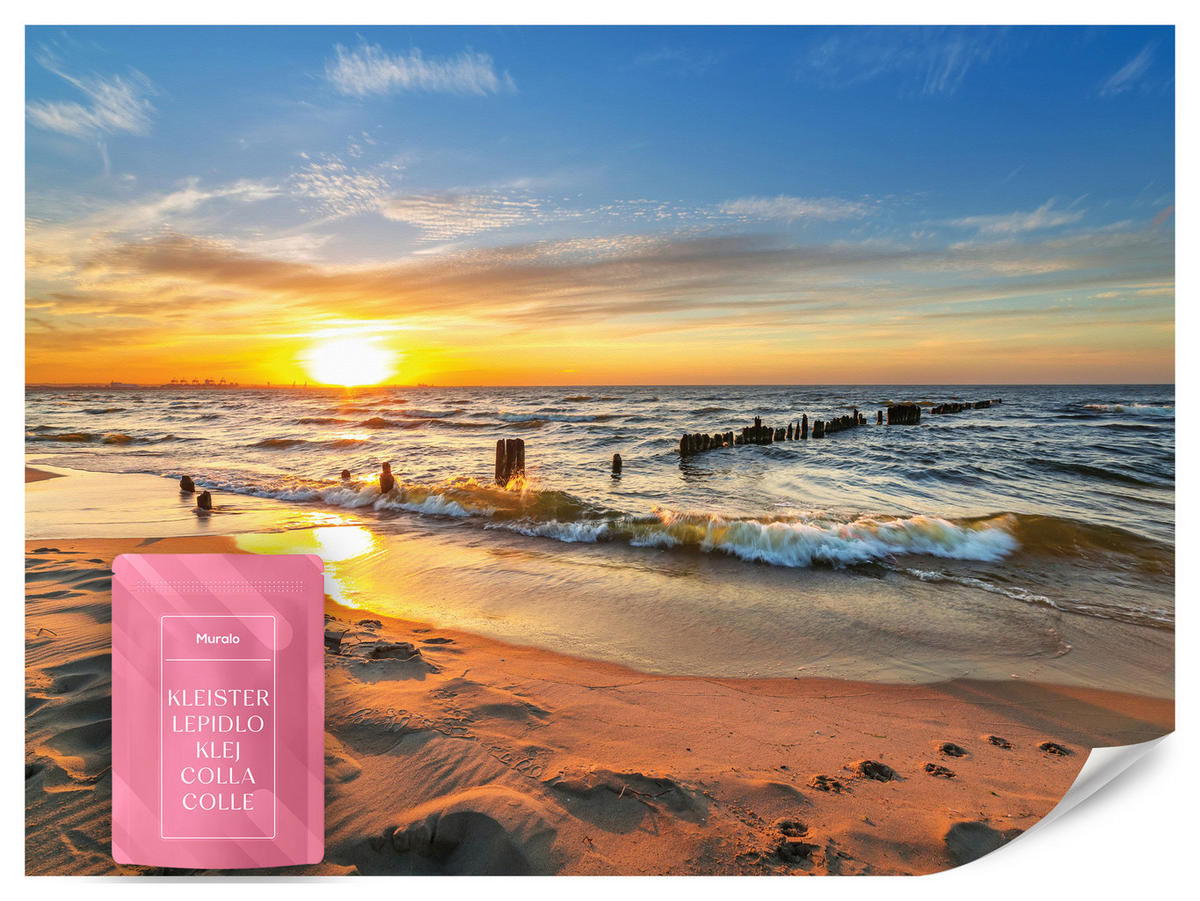 FOTOTAPETE Sonnenuntergang Strand Meer Landschaft 3D 500x350 cm - Blau/Gelb, Papier (500/350cm) - Muralo