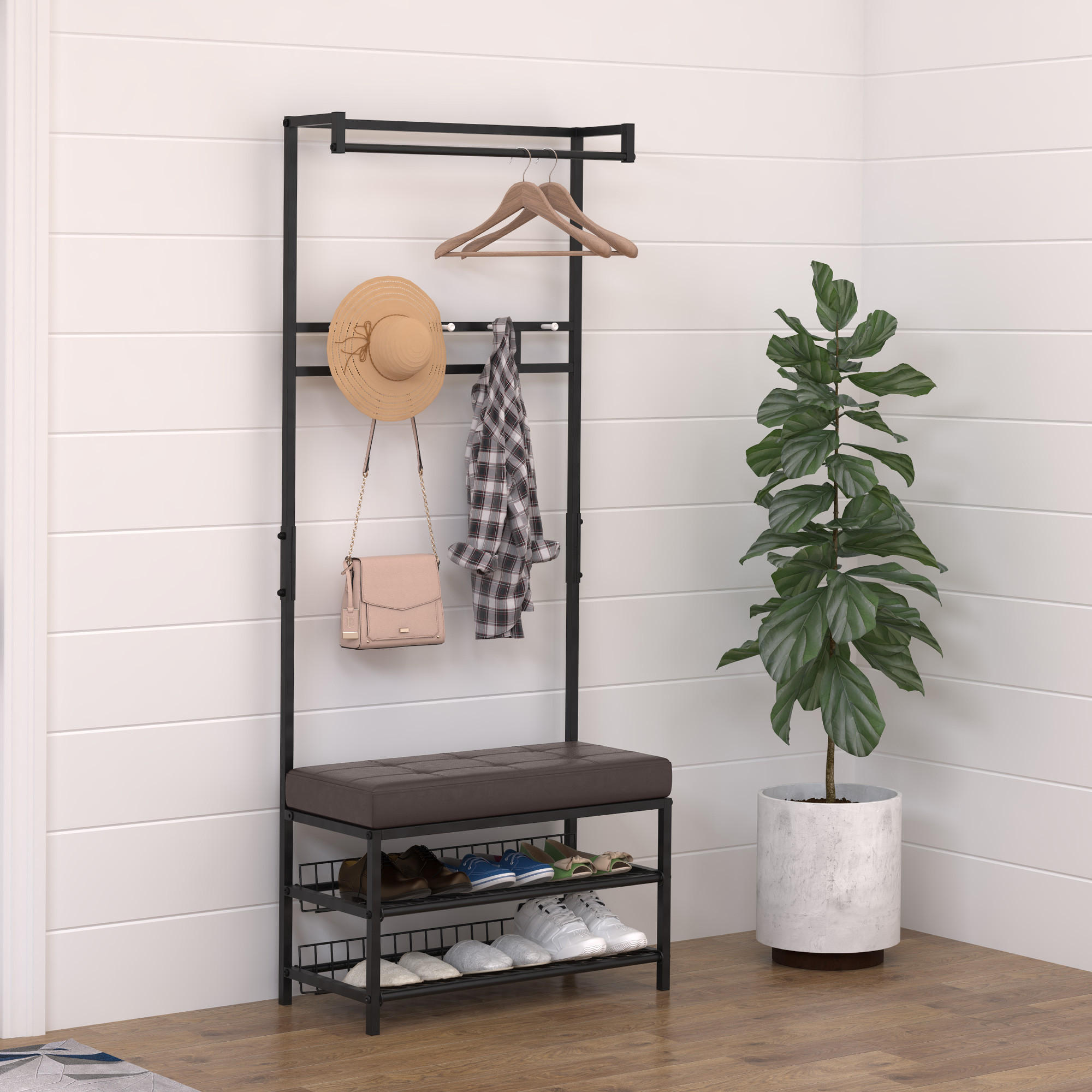 GARDEROBENSTÄNDER - Schwarz/Braun, Kunststoff/Metall (35/180/725cm) - HOMCOM