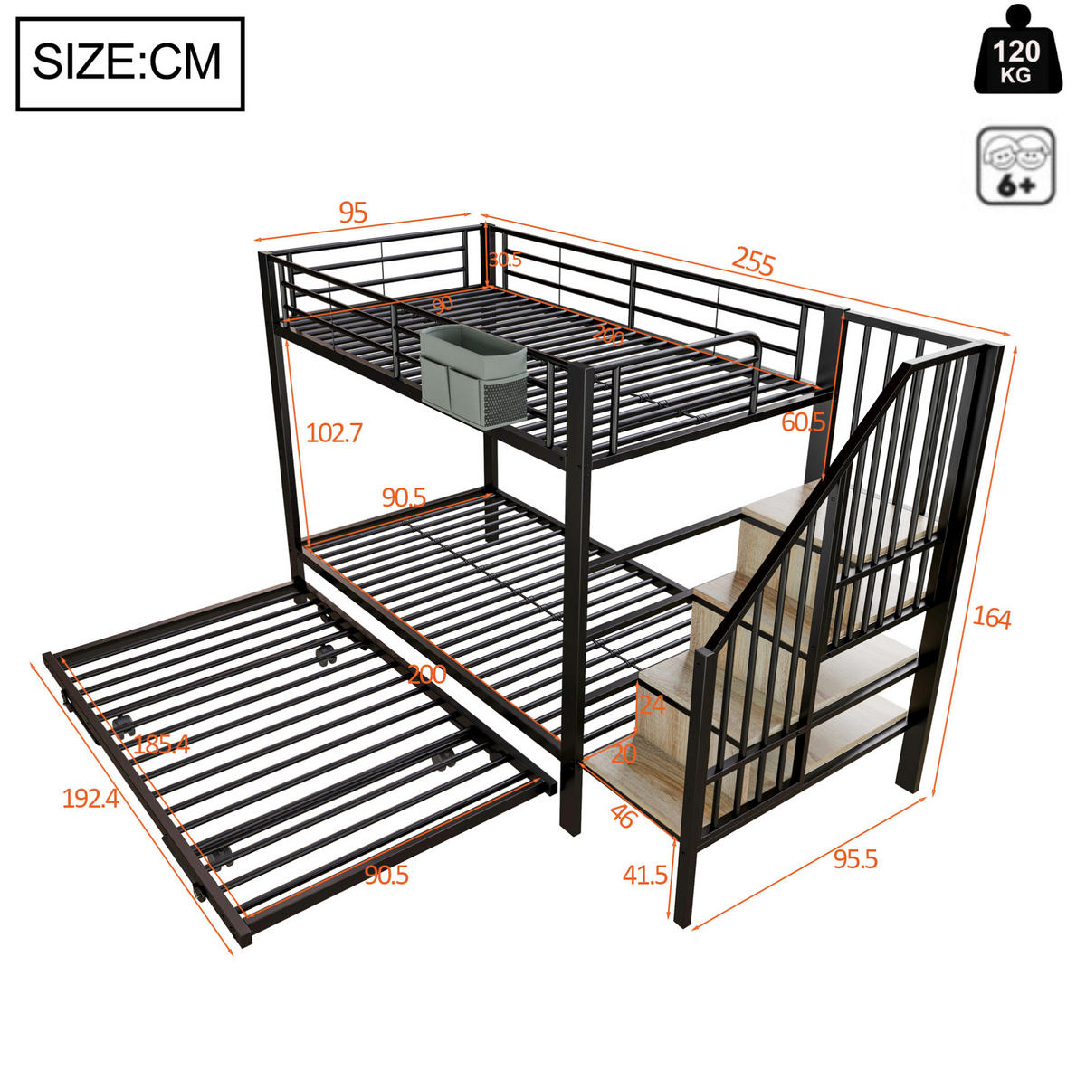 ETAGENBETT mit Ausziehbett und Stauraum 90 x 200 cm Metall Schwarz - Schwarz, Metall (90/200cm) - Beauniv