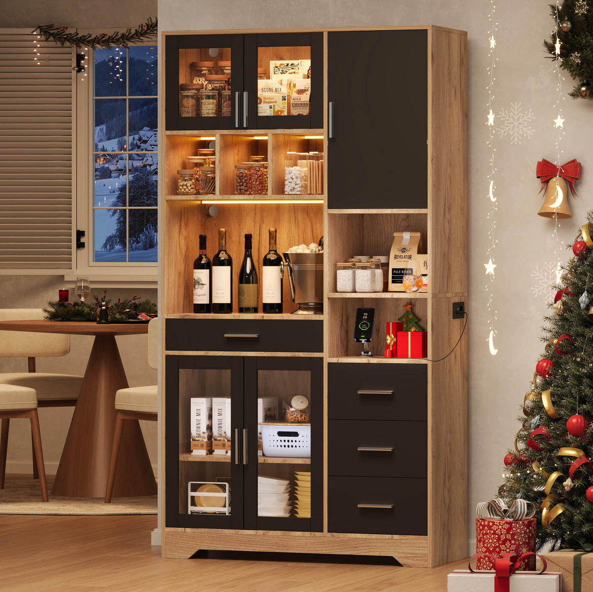 BUFFET 100/40/185 cm aus MDF mit LED-Beleuchtung und Steckdosenleiste Schwarz/Natur - Schwarz, Holzwerkstoff (100/185/40cm) - Modenvie