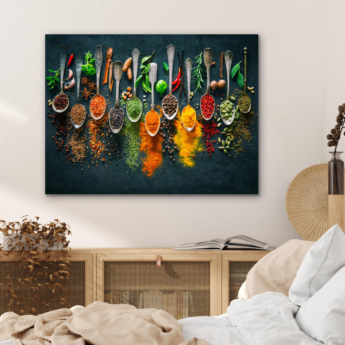 KOVOVÝ OBRAZ Bylinky - korenie - lyžičky 80x60 cm - kari žltá, kov (80/60cm) - MuchoWow