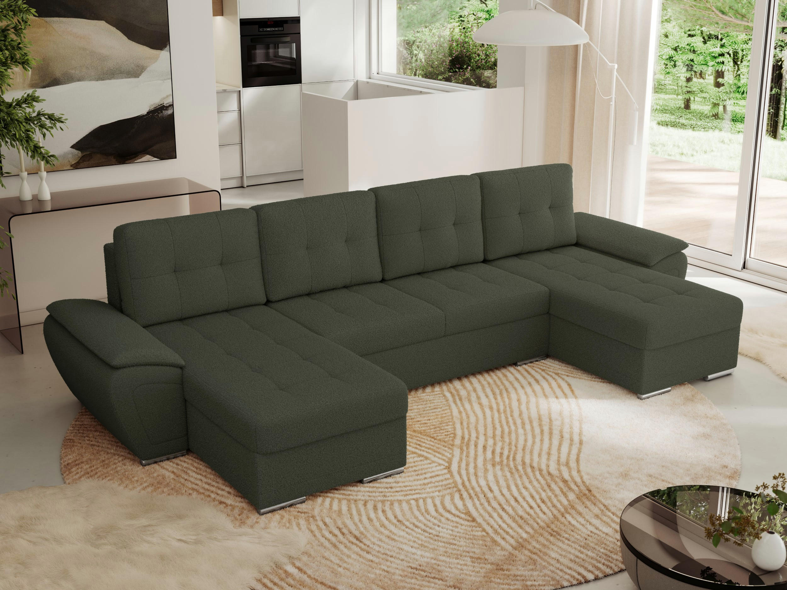 WOHNLANDSCHAFT UMBRIA U Grün Boucle - Grau/Grün, Textil/Metall (336/85/157cm) - MKS