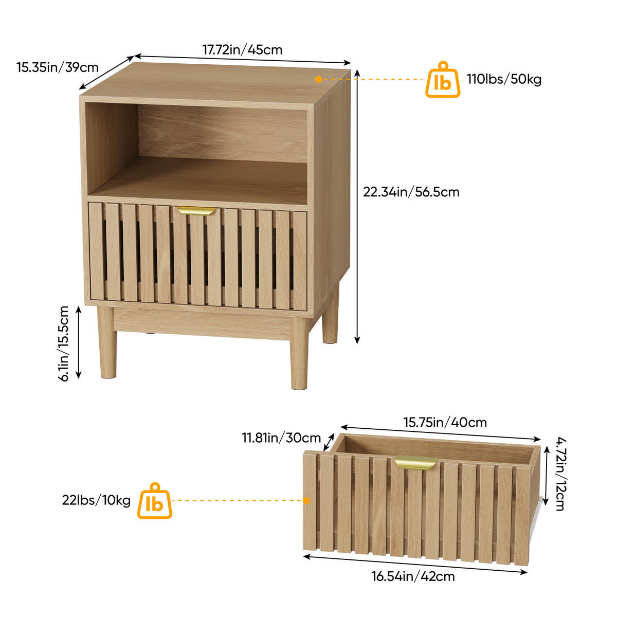 NACHTTISCH eichen-optik & latten-design mit 1 schublade & offenem fach - Eichefarben, Holzwerkstoff (45/56/39cm) - Urban Meuble