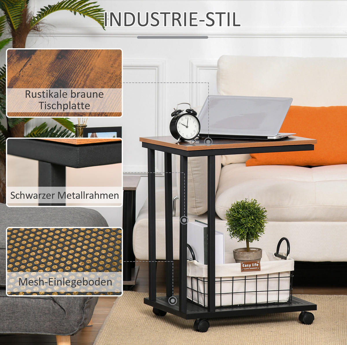BEISTELLTISCH 51/36/65 cm mit Rollen und C-Form aus MDF und Stahl im Retro-Look, Schwarz - Schwarz, Holzwerkstoff (51/36/65cm) - Redom