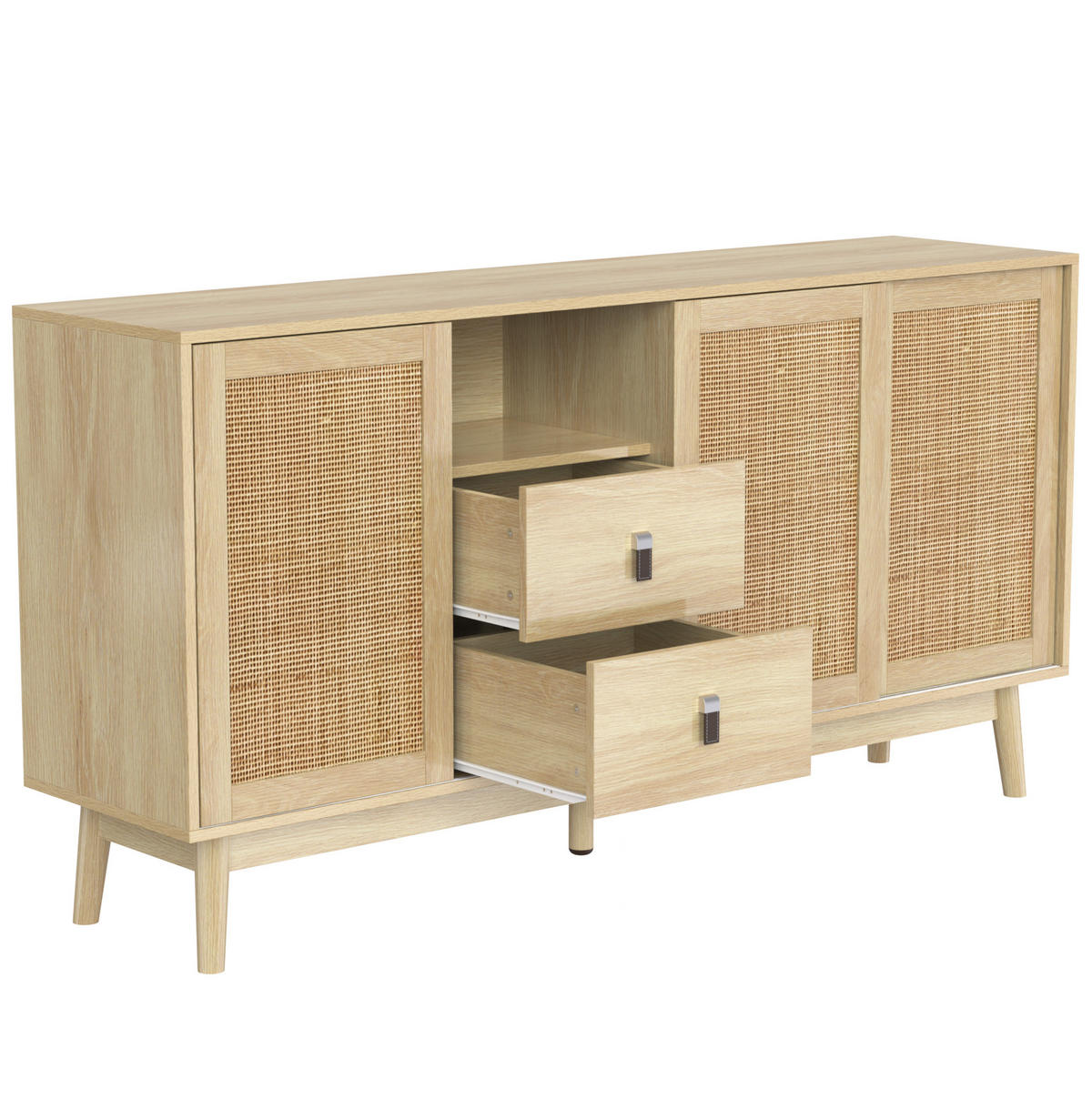 SIDEBOARD mit Schiebetüren und 2 Schubladen 155 x 38 x 80 cm Rattan Holz - Hellbraun, Holzwerkstoff (155/80/38cm) - Meubliv