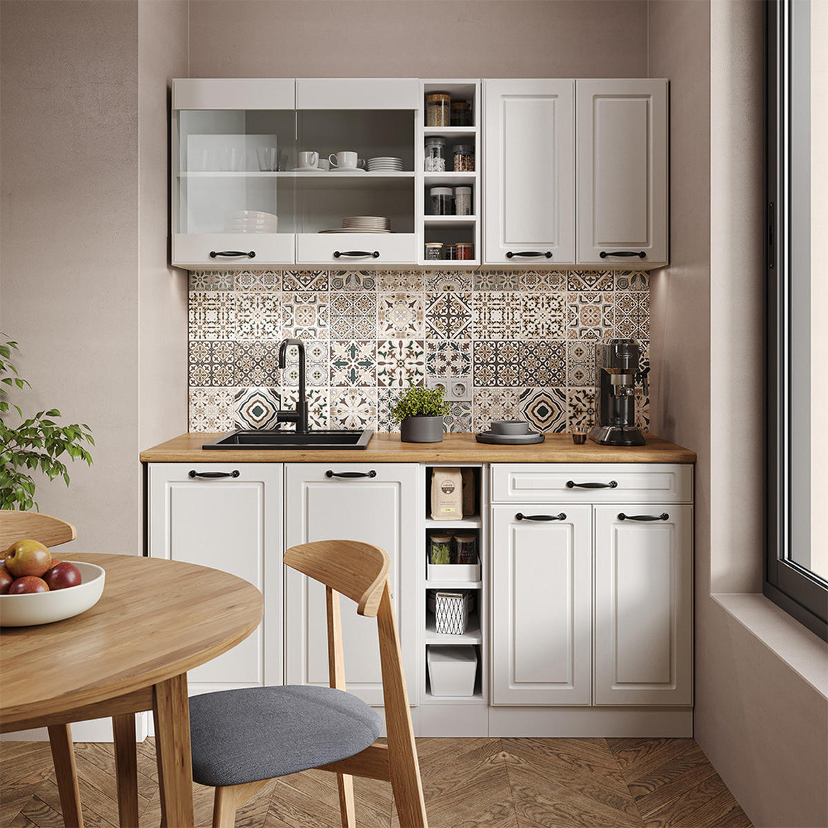 SINGLEKÜCHE R-Line Weiß Landhaus/Weiß 160 cm, AP Marmor - Creme/Weiß, Holzwerkstoff (160/81.6/60cm) - Vicco