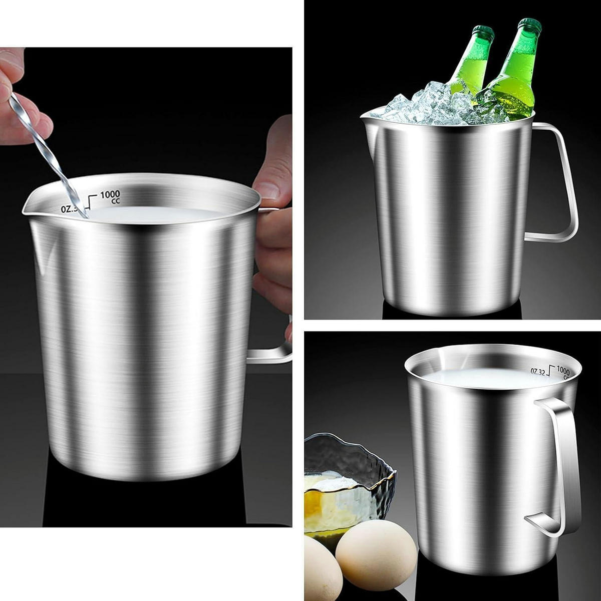 MESSBECHER Edelstahl 1L mit Skala und Griff - Silberfarben, Metall (1L)