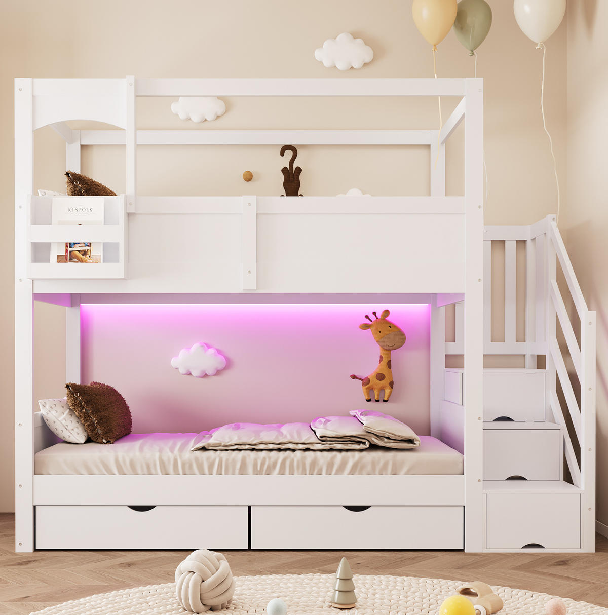 ETAGENBETT 90x200 cm in Weiß mit Stauraumtreppe, Schubladen und Tafel - Weiß, Holz (90/200cm) - IVMEU
