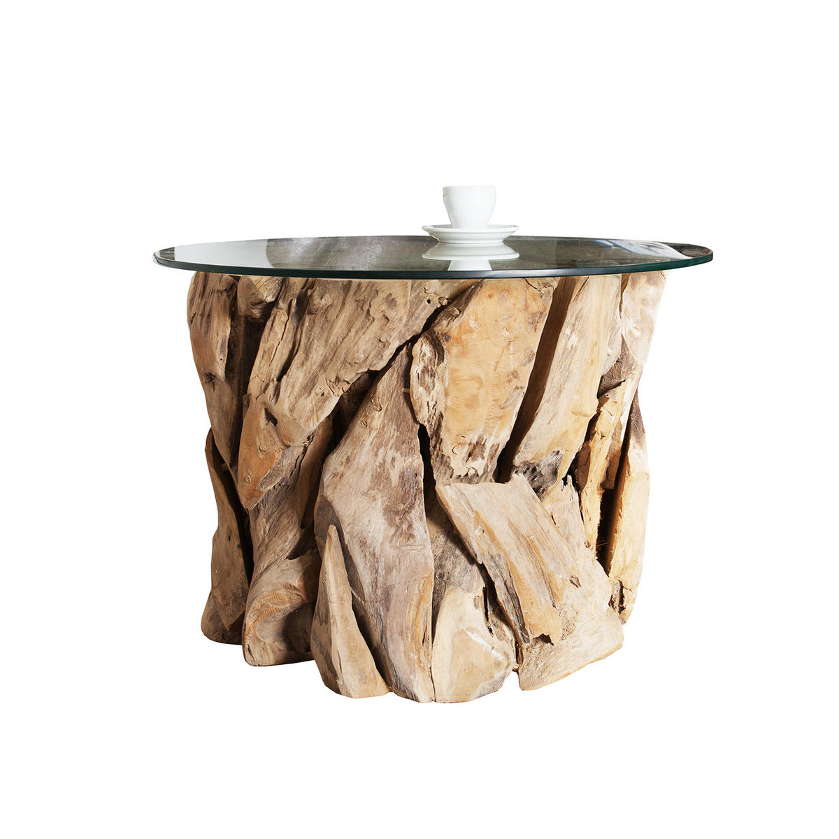 COUCHTISCH RIVERSIDE Teakholz rund Natur|Transparent 60cm - Transparent/Braun, Glas/Holz (60/60/40cm) - riess-ambiente