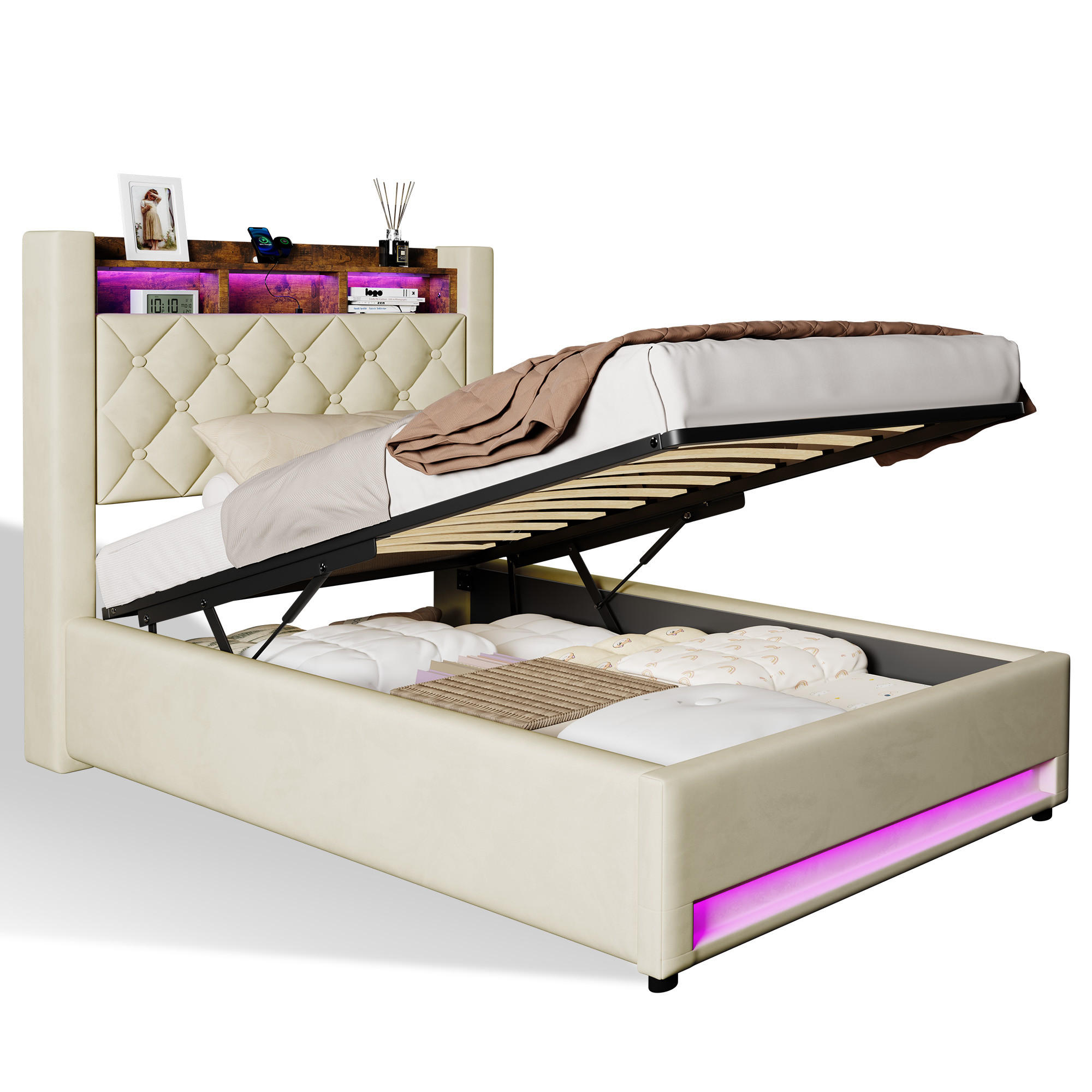 POLSTERBETT aus Samt 90x200 cm Beige mit Stauraum-Kopfteil und LED-Lichtleiste - Beige, Textil (90/200cm) - Modfu