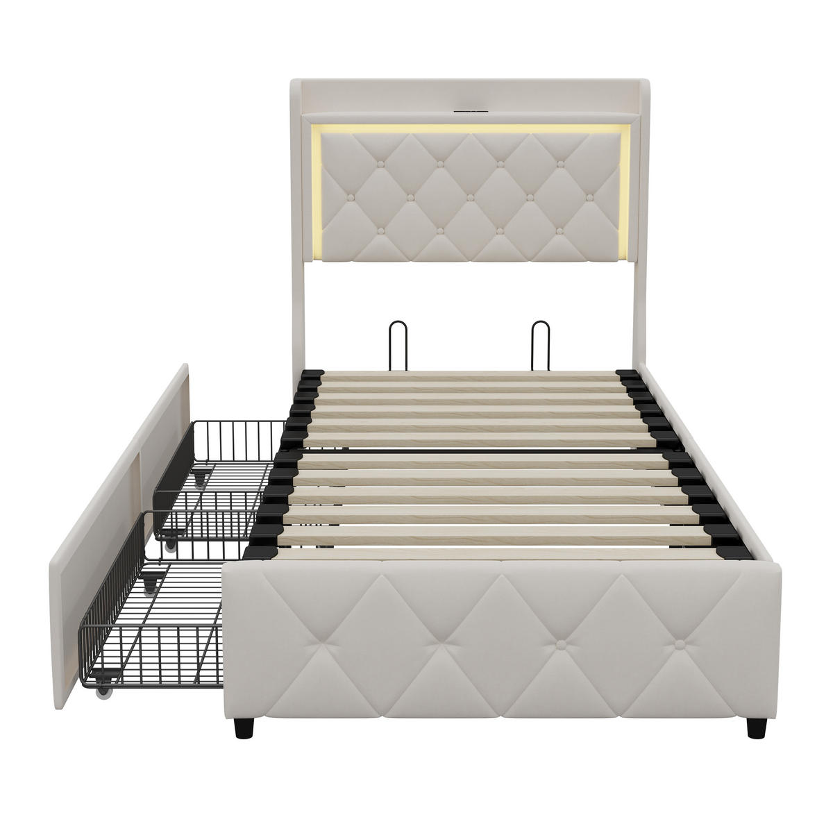 POLSTERBETT 90x200 cm LED USB Stauraum 4 Schubladen Lattenrost beige - Beige, Holz (90/200cm) - LEBENLANG