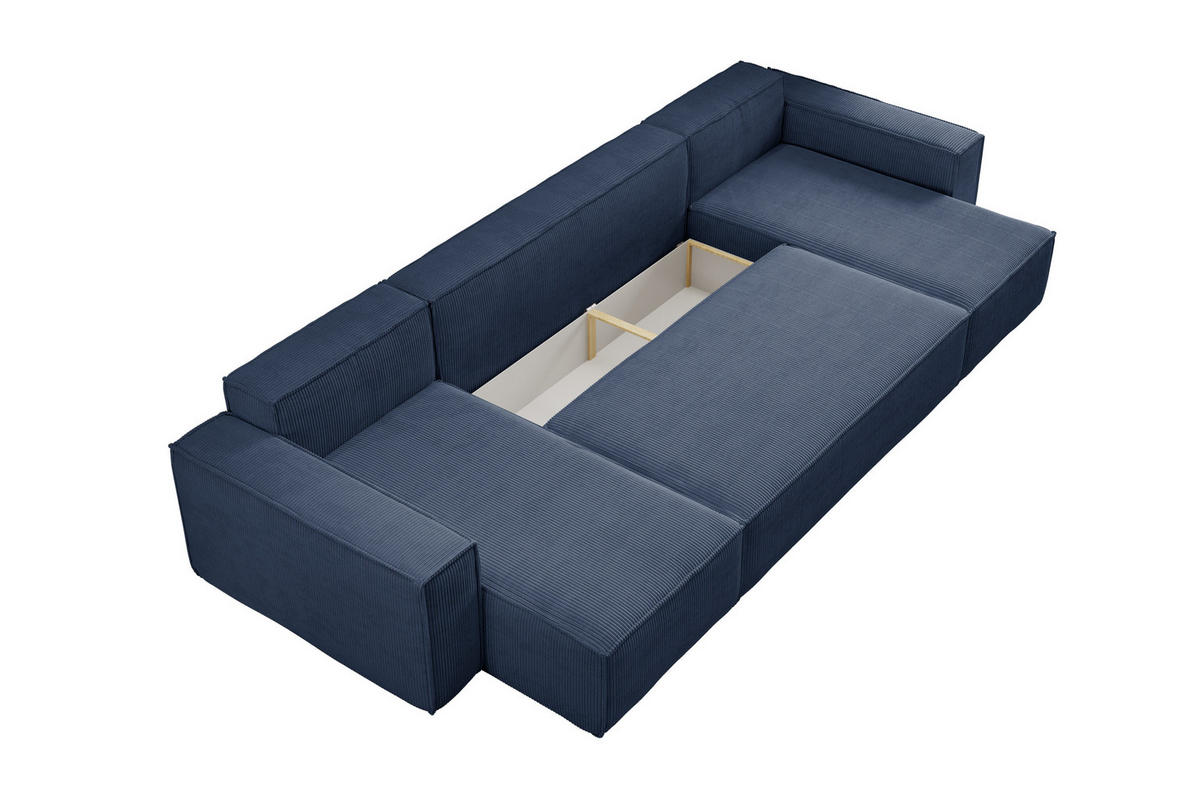 WOHNLANDSCHAFT Hugo U-Form Cordstoff mit Schlaffunktion und Bettkasten - Dunkelblau, Textil (312/83/142cm) - VENASI MÖBEL