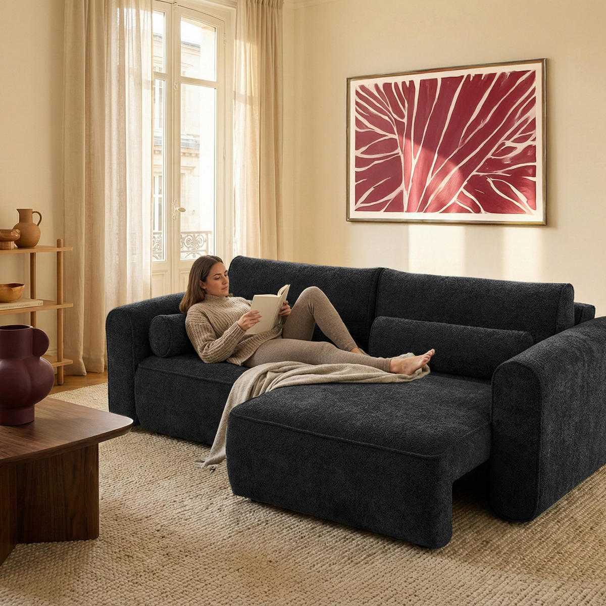 ECKSOFA Motion mit Schlaffunktion Funktional 3-sitzer Sofa - Schwarz, Textil (250/120cm) - Muffo